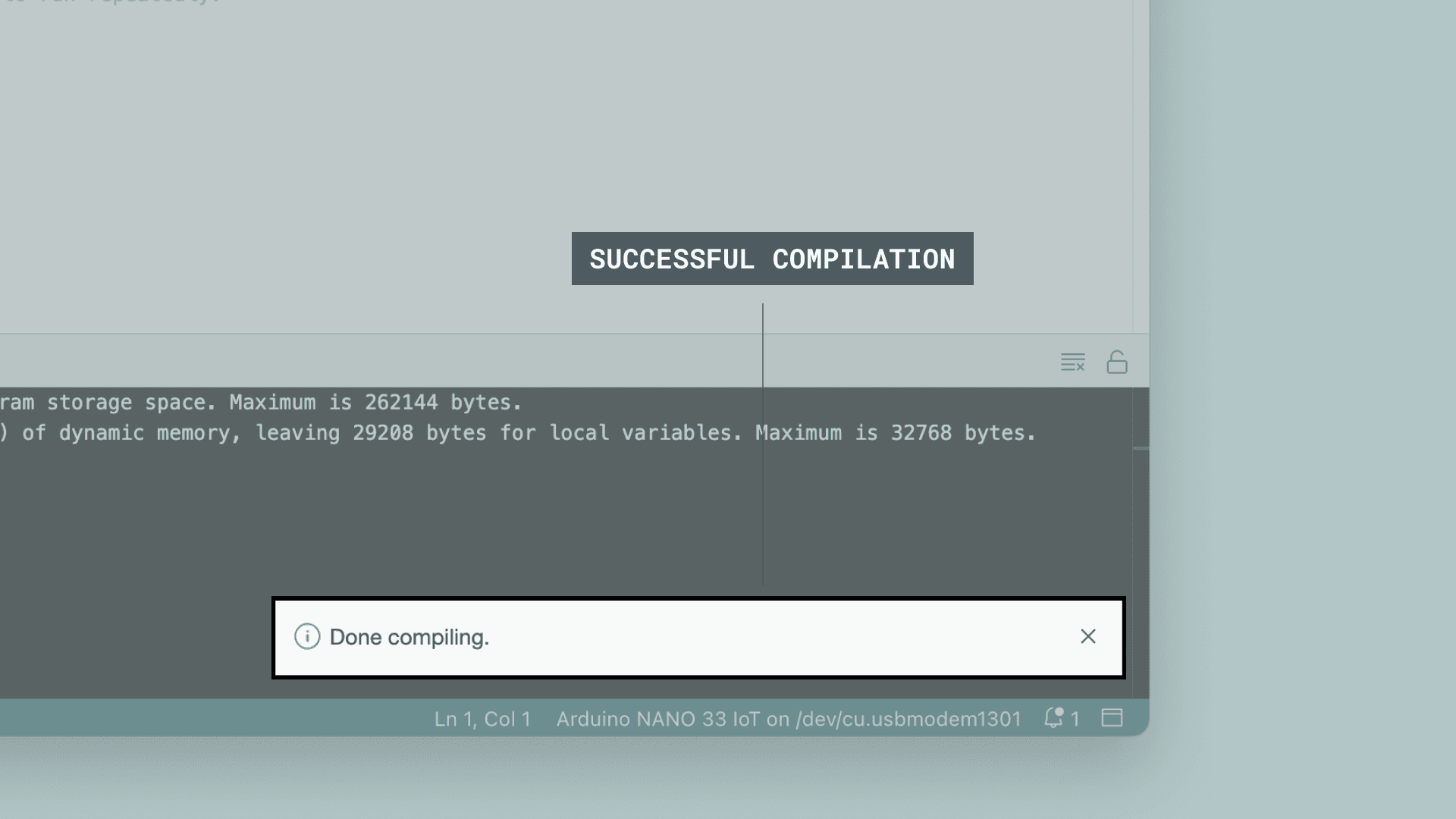 Arduino IDEで検証が成功し「Done compiling」と表示された画面