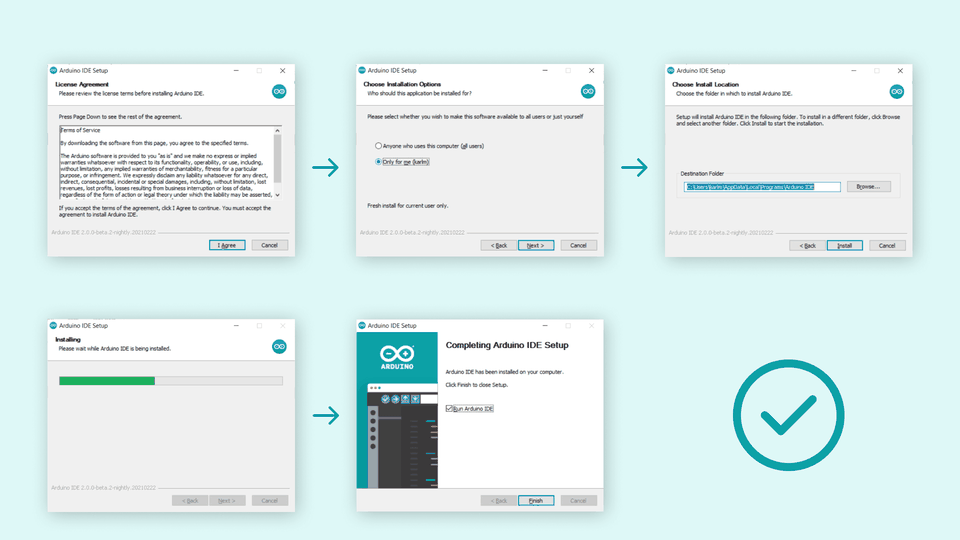 Arduino IDEのWindowsインストーラの進行画面(ライセンス同意・インストール先・完了)