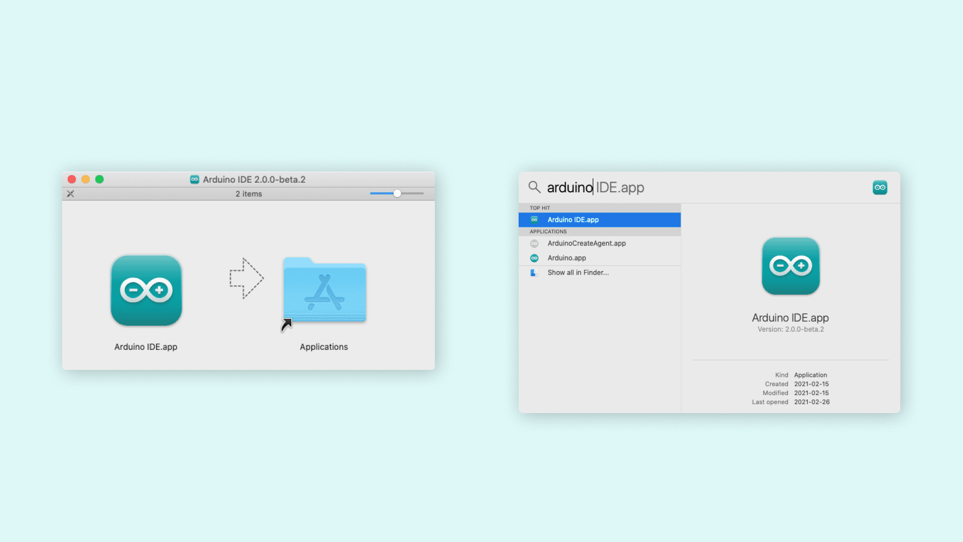macOSでArduino IDEをアプリケーションフォルダへドラッグしてインストールする画面