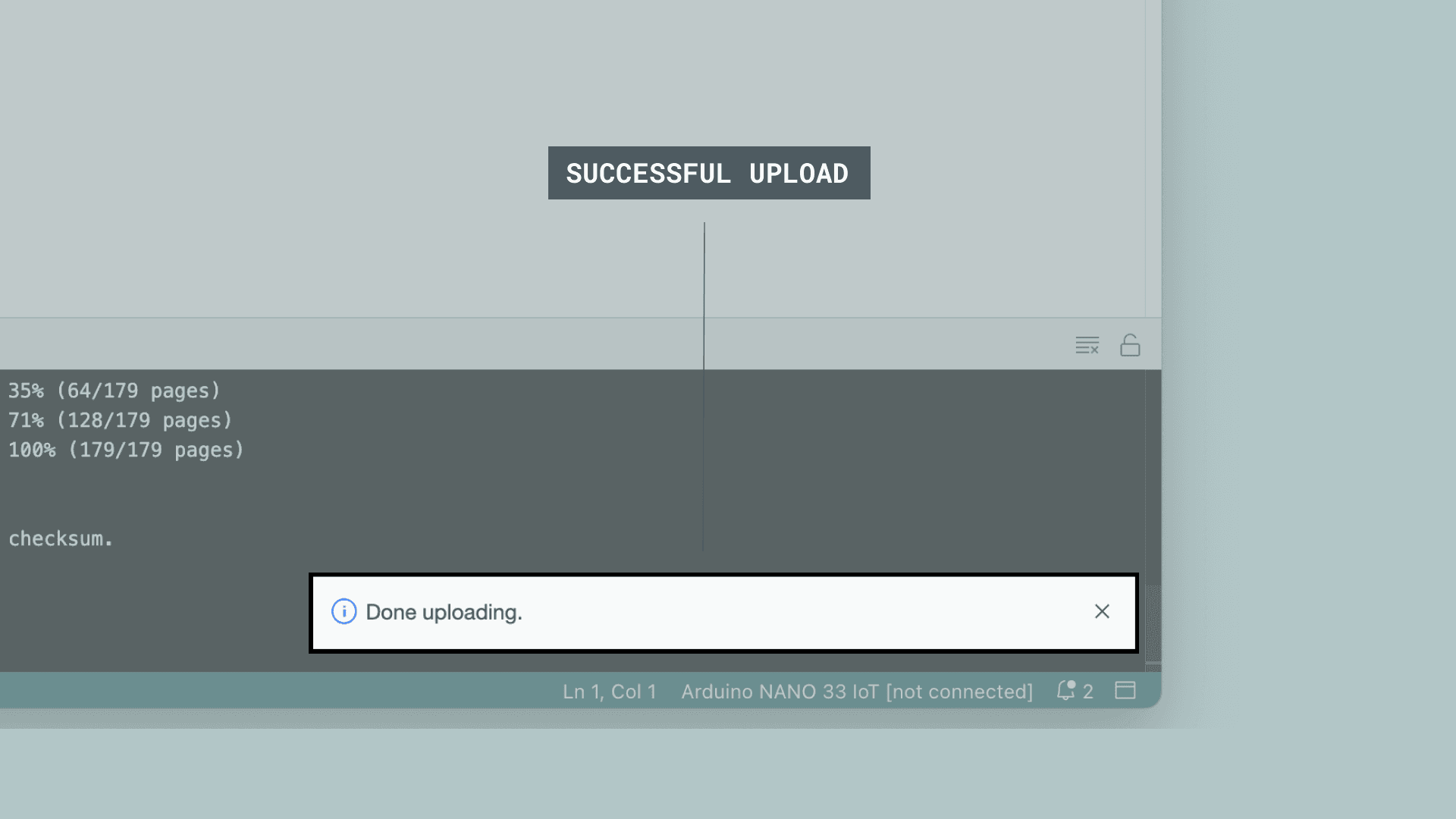 Arduino IDEで書き込みが成功し「Done uploading」と表示された画面