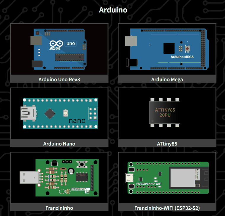 Wokwiの新規プロジェクト画面のArduino欄。Arduino Uno Rev3、Mega、Nano、ATtiny85、Franzininho、Franzininho-WiFiが並び、UNO R4は無い