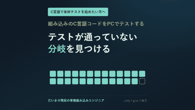 C言語の単体テストをPCで回す手順のアイキャッチ。26個の分岐のうち1つだけテストが通っていないことを表すマス目